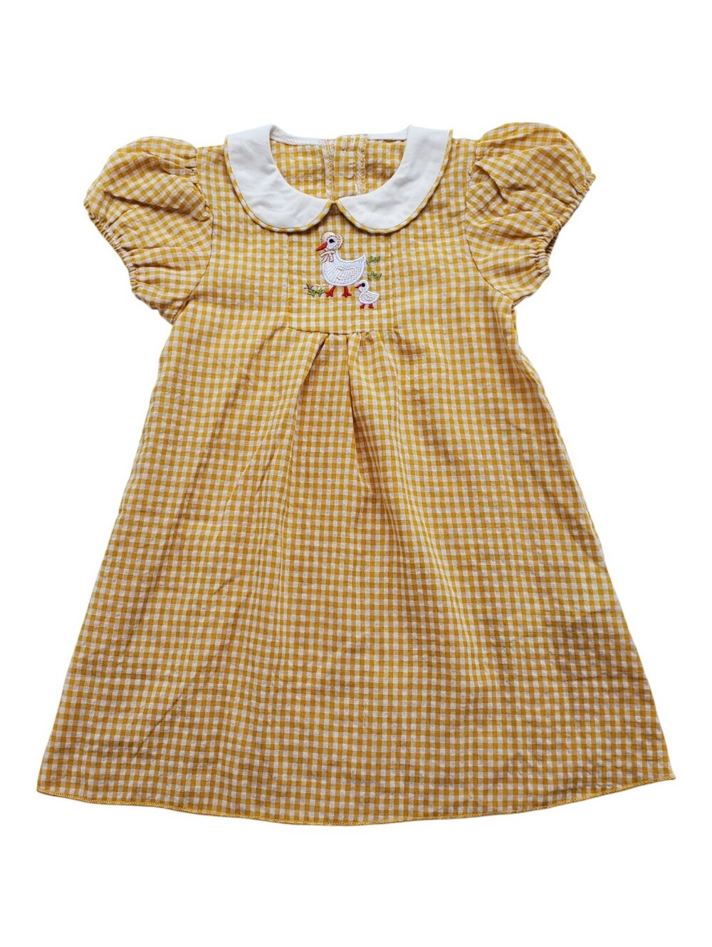 Yellow Gingham Duck Embroidered Dress Peter Pan Collar Toddler Girl Size 4Y